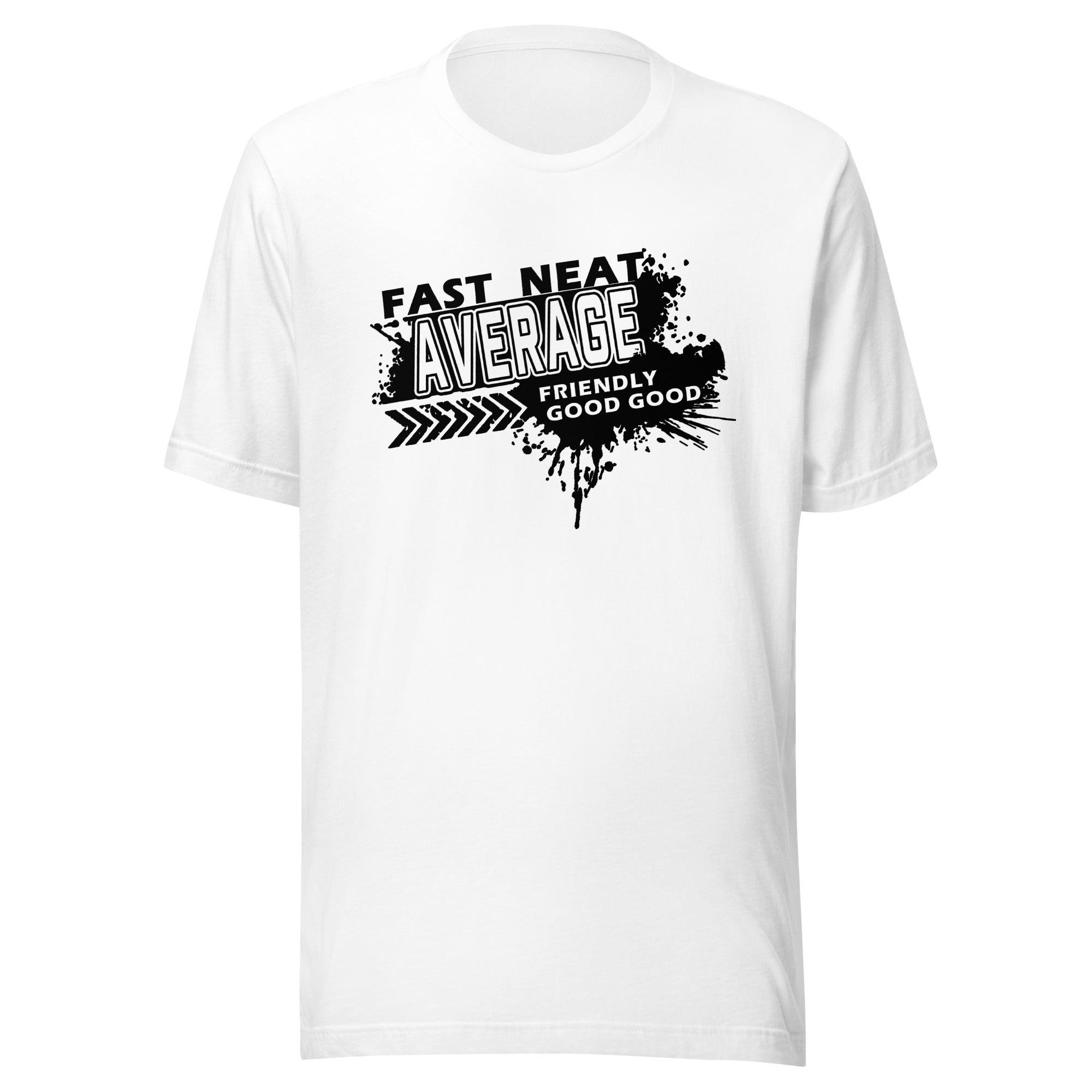 FAST, NEAT, AVERAGE SPLATTER T-SHIRT - BLACK